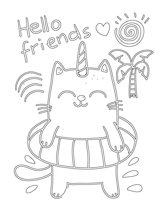 caticorn swimming hello friends coloring page